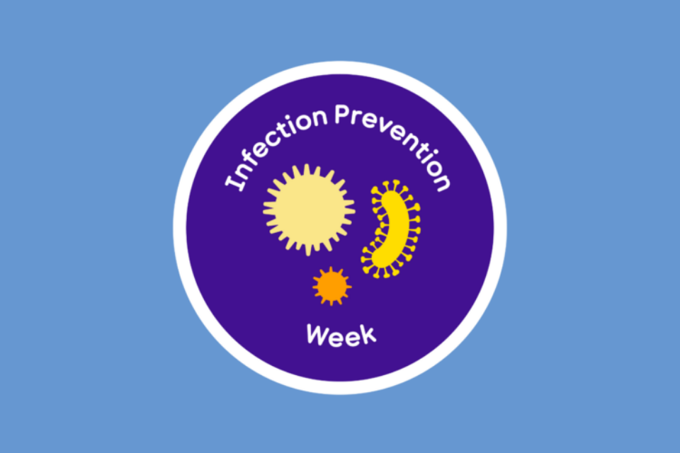 Graphic in a circle for infection prevention week. There are illustrated germs in the middle of the circle.