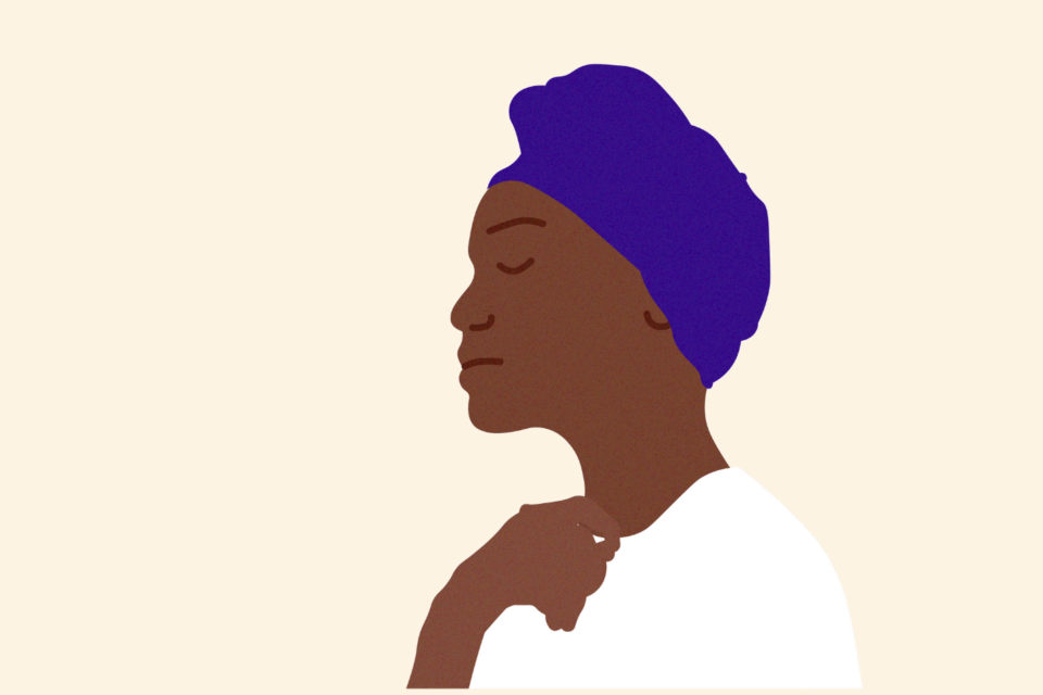 Person's side profile, with their eyes closed and hand resting on their chest.