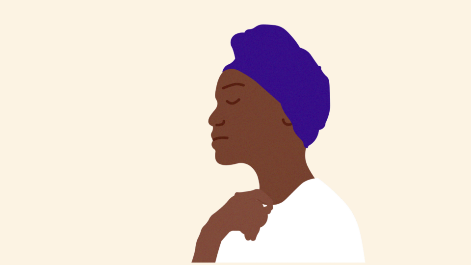 Person's side profile, with their eyes closed and hand resting on their chest.
