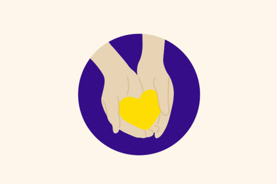 Hand holding yellow heart, on a purple circle over a cream background.