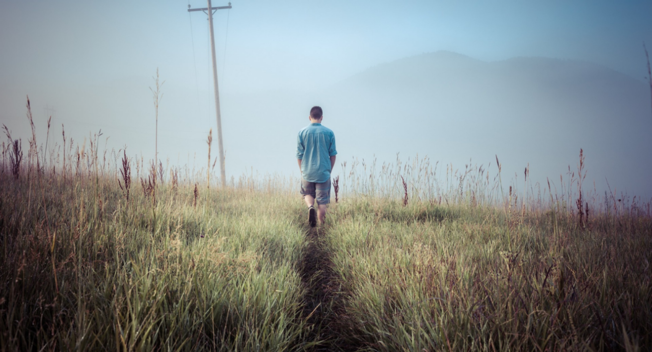Man with his back to the camera in the distance walking in a field.