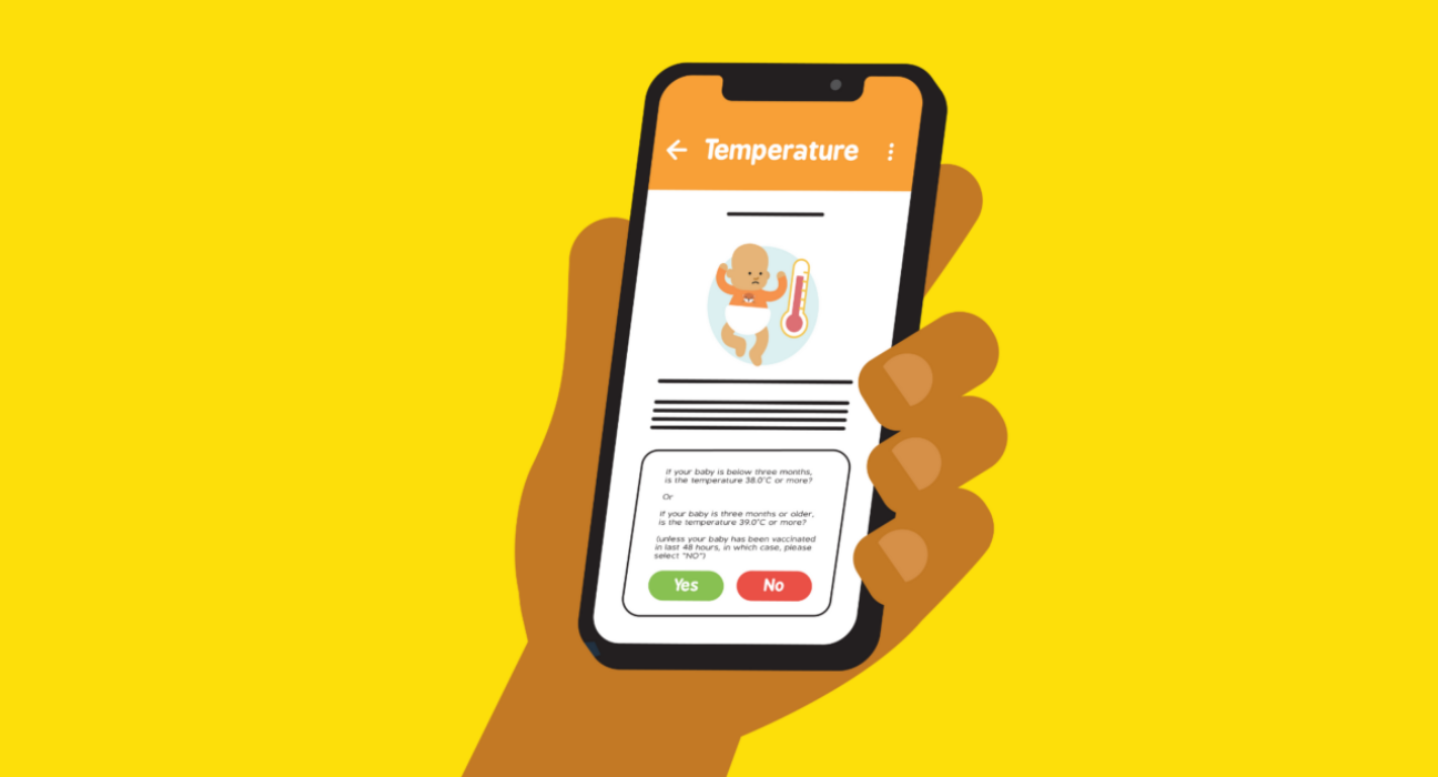 An illustration of a hand holding a phone with the Baby Check app open by The Lullaby Trust. It is on a page saying 'temperature', with an illustration of a baby and a thermometer.