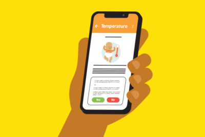 An illustration of a hand holding a phone with the Baby Check app open by The Lullaby Trust. It is on a page saying 'temperature', with an illustration of a baby and a thermometer.