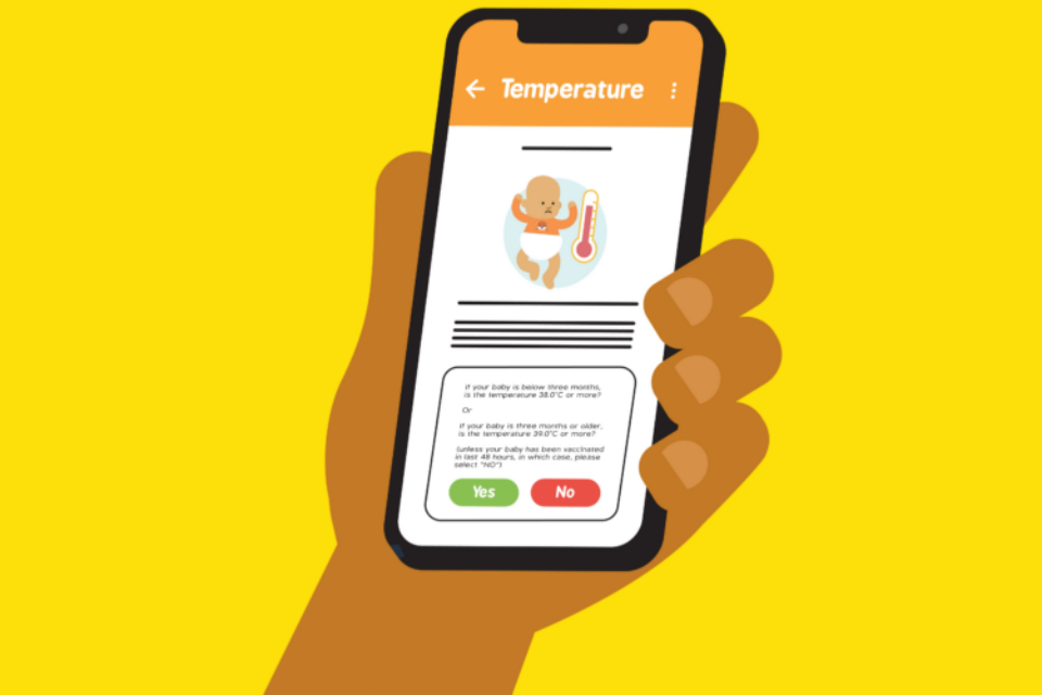 An illustration of a hand holding a phone with the Baby Check app open by The Lullaby Trust. It is on a page saying 'temperature', with an illustration of a baby and a thermometer.