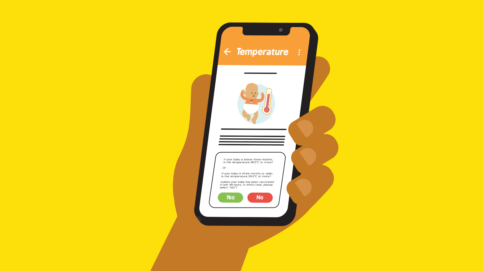 An illustration of a hand holding a phone with the Baby Check app open by The Lullaby Trust. It is on a page saying 'temperature', with an illustration of a baby and a thermometer.