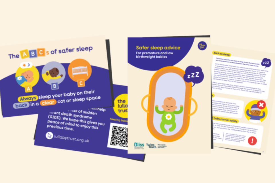 Graphic of a mixture of baby safety resource front pages and inner pages. The ABCs of safer sleep card, and safer sleep advice booklet for premature and low birthweight babies. There are illustrations of babies and safer sleep spaces dotted throughout.