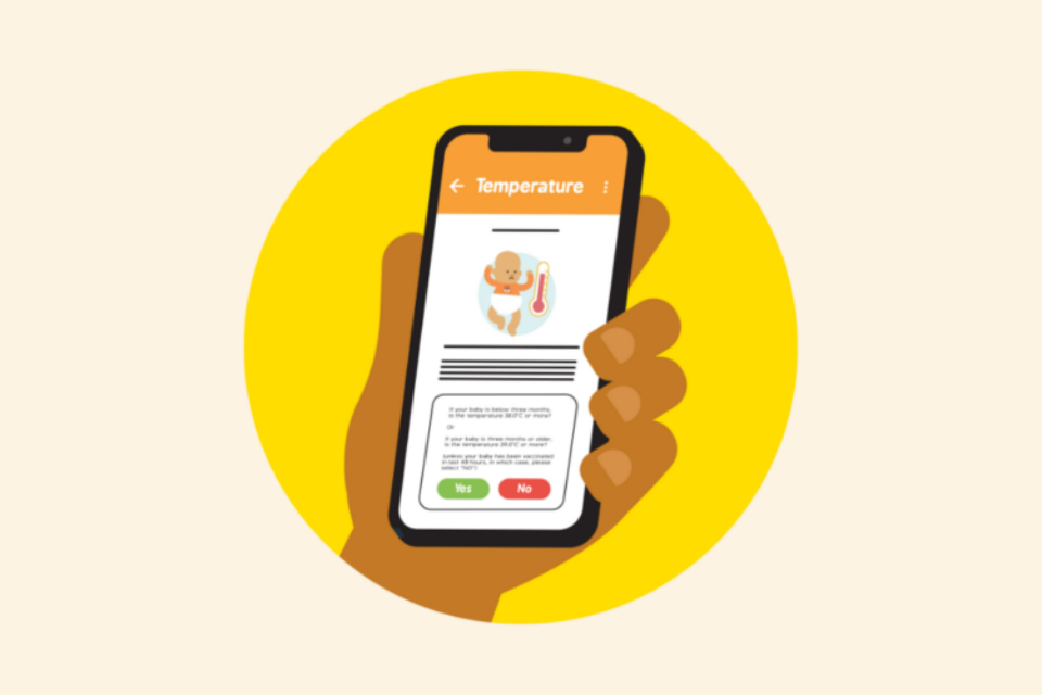 Hand holding a phone on the baby check app, on a yellow circle on a cream background.