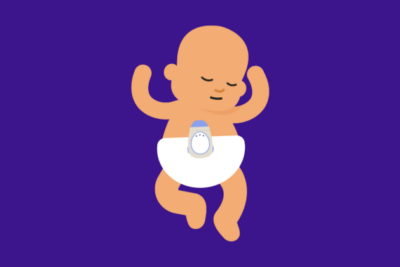 An illustrated baby is sleeping. They have fair skin and wear a nappy. On their nappy is a movement monitor.