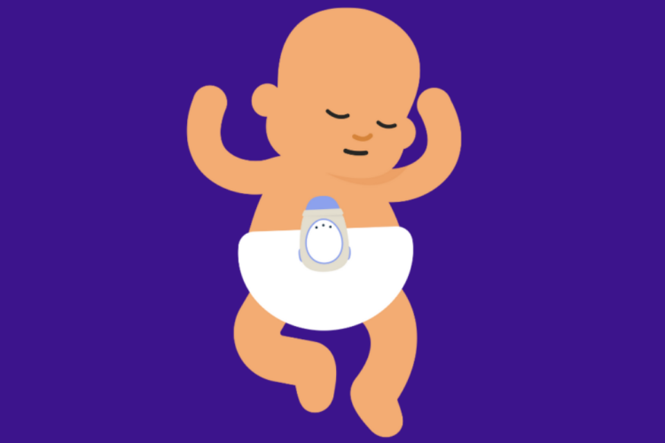 An illustrated baby is sleeping. They have fair skin and wear a nappy. On their nappy is a movement monitor.