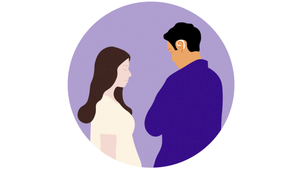 Two people facing each other, looking at each other, on a purple background.