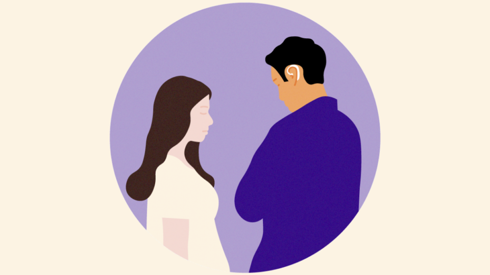 Two people facing each other, looking at each other, on a purple background.