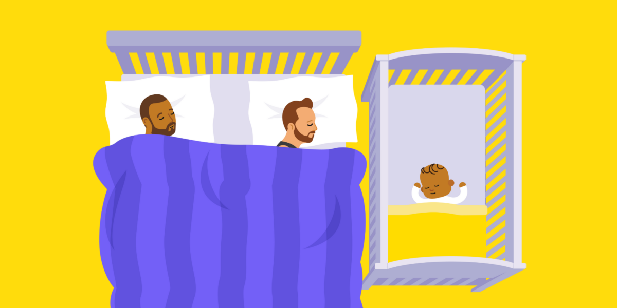 An illustration where two men are lying in bed with their baby's cot next to them. The baby is in a safer sleeping position in the cot, on their back with bedding firmly tucked around them, with their feet to the foot of the cot.