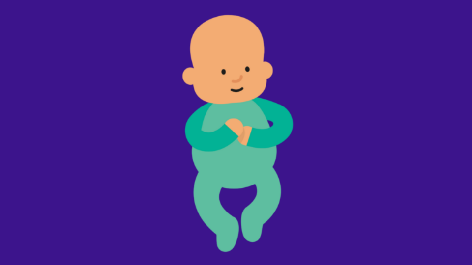 An illustrated baby lays in the centre of a purple background. They have fair skin, they are awake and they are playing with their hands. They wear a green baby grow.