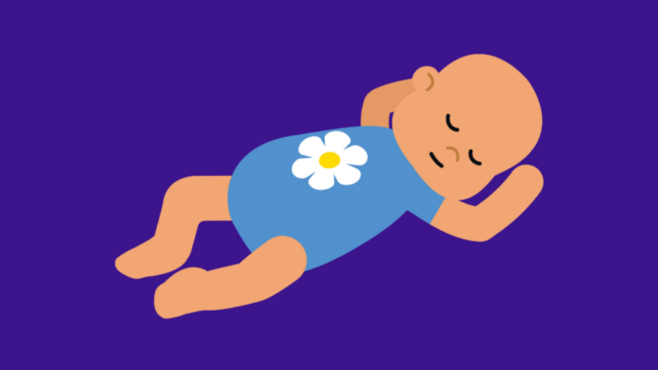 An illustrated baby lays across a dark purple background. They have fair skin and wear a short baby grow. It is blue, with a flower in the centre and has their arms and legs free for safer sleep in summer.