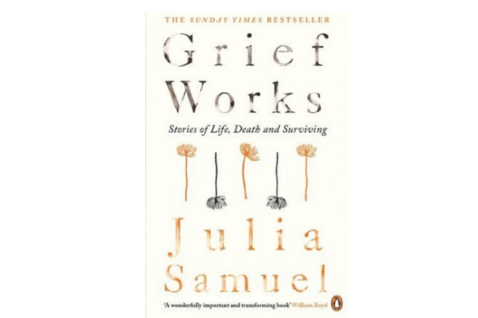 White front cover of 'Grief Works' with dandelions on the front.
