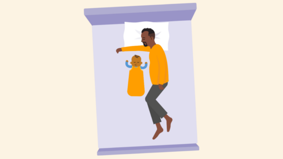 Person lying in bed next to baby, who is in a sleeping bag.