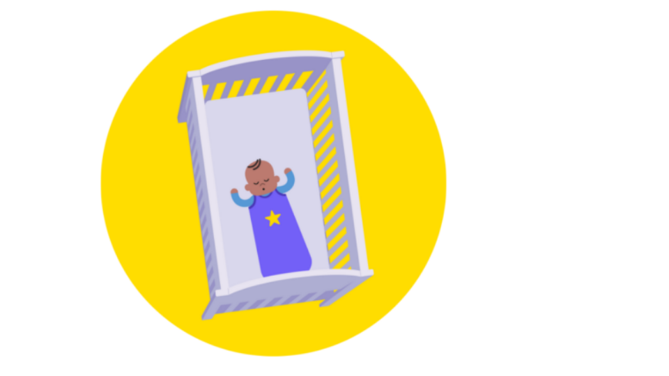 Baby in cot in a sleeping bag, on a yellow background.