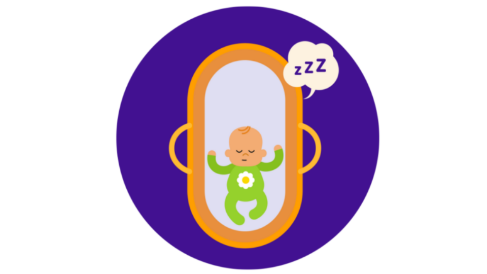 Baby in a green babygrow sleeping in a Moses basket, on a purple background.