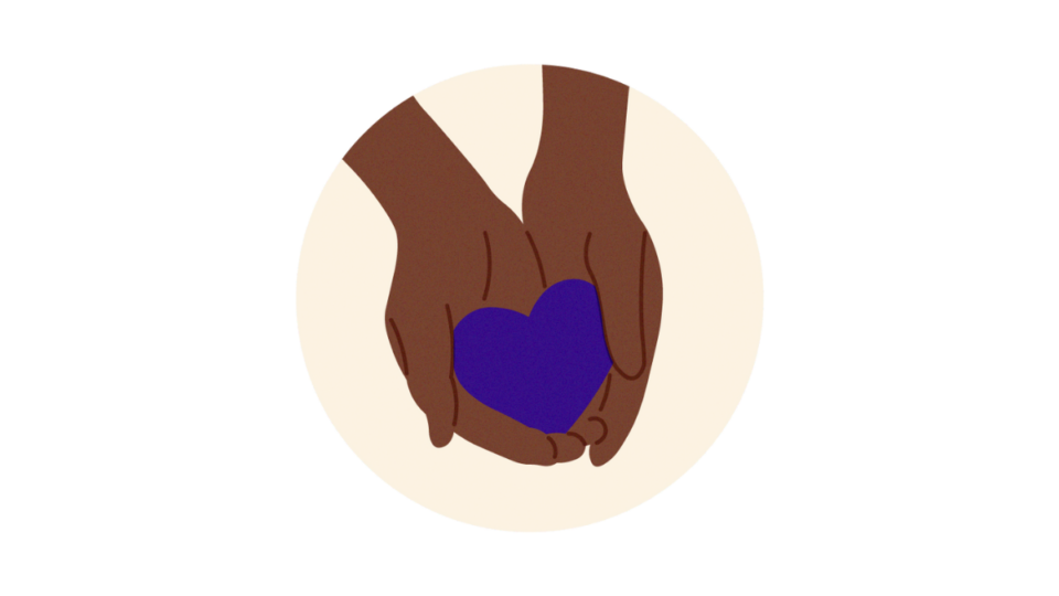 Hands holding purple heart, on a cream background.