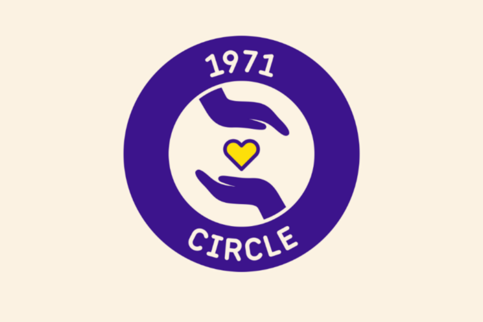 A cream circle contains two purple hands holding a yellow heart. The outer purple ring says '1971 circle'