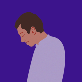 An illustrated man is holding his head downwards, looking disheartened from the side.