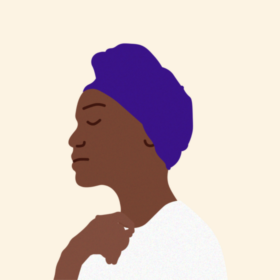 An illustrated woman is captured side-on, touching her t-shirt.