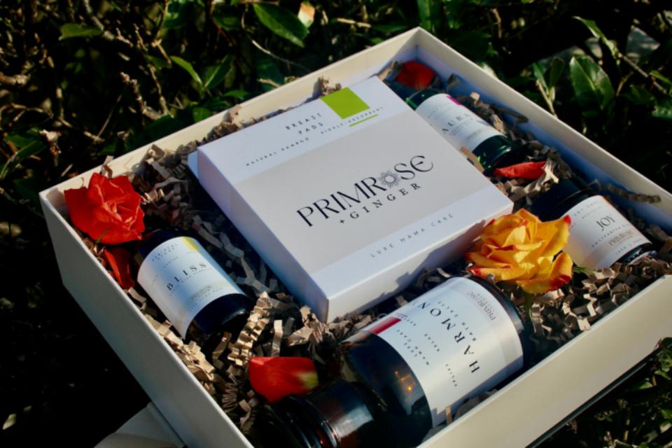 A hamper full of care products advertised to mothers.