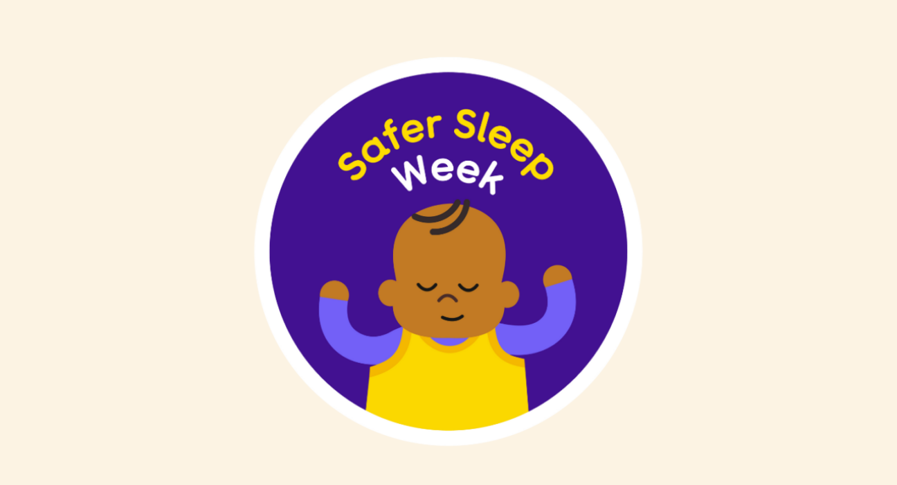Illustration of a baby sleeping on their back and smiling slightly. Surrounded by the words 'Safer Sleep week'