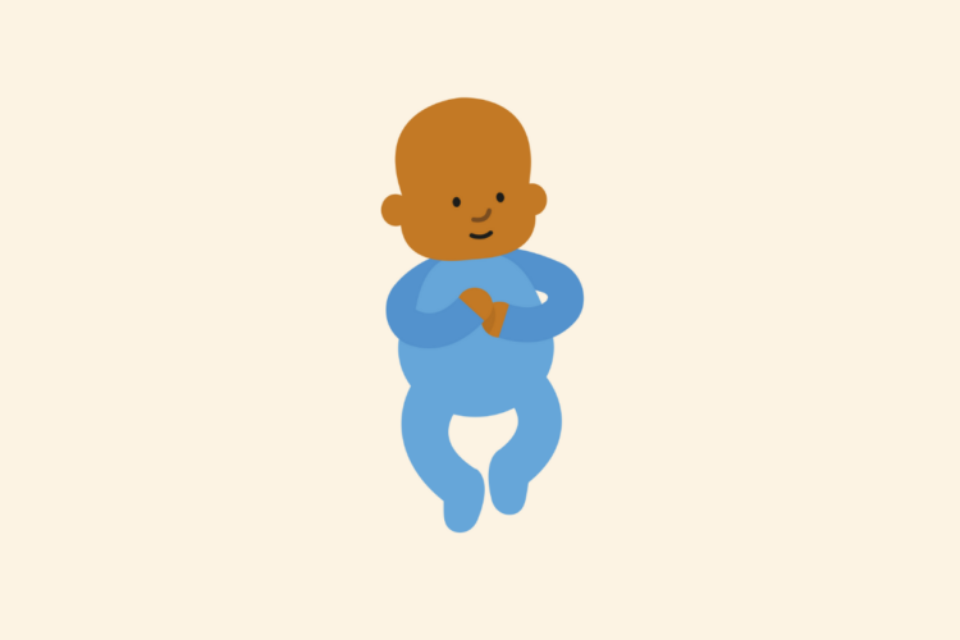 Illustration of a baby wearing blue, with eyes open and smiling.