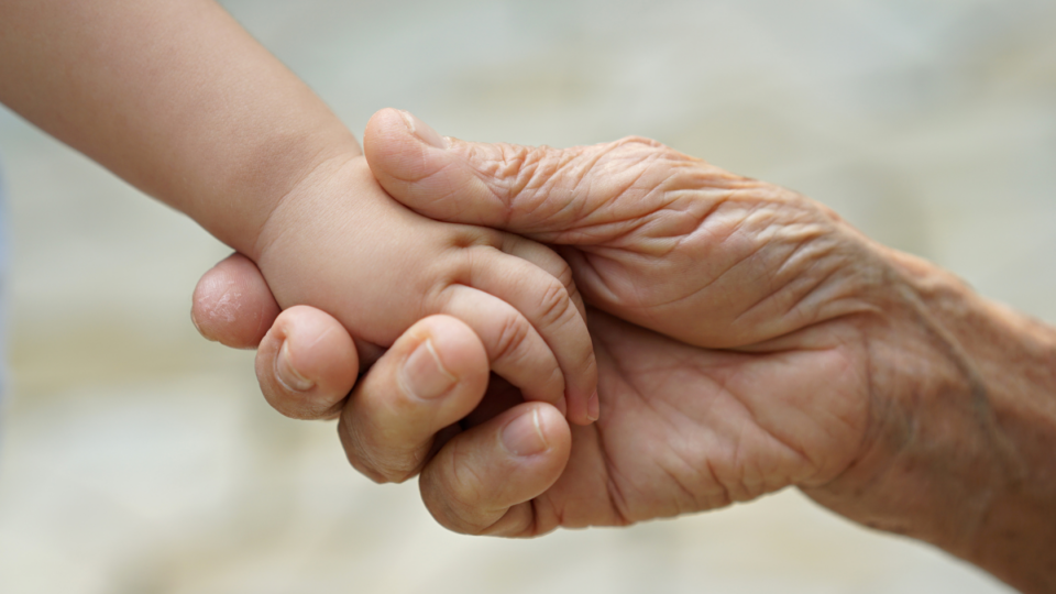 An adult hand is holding a baby's hand. Both have light skin tones.