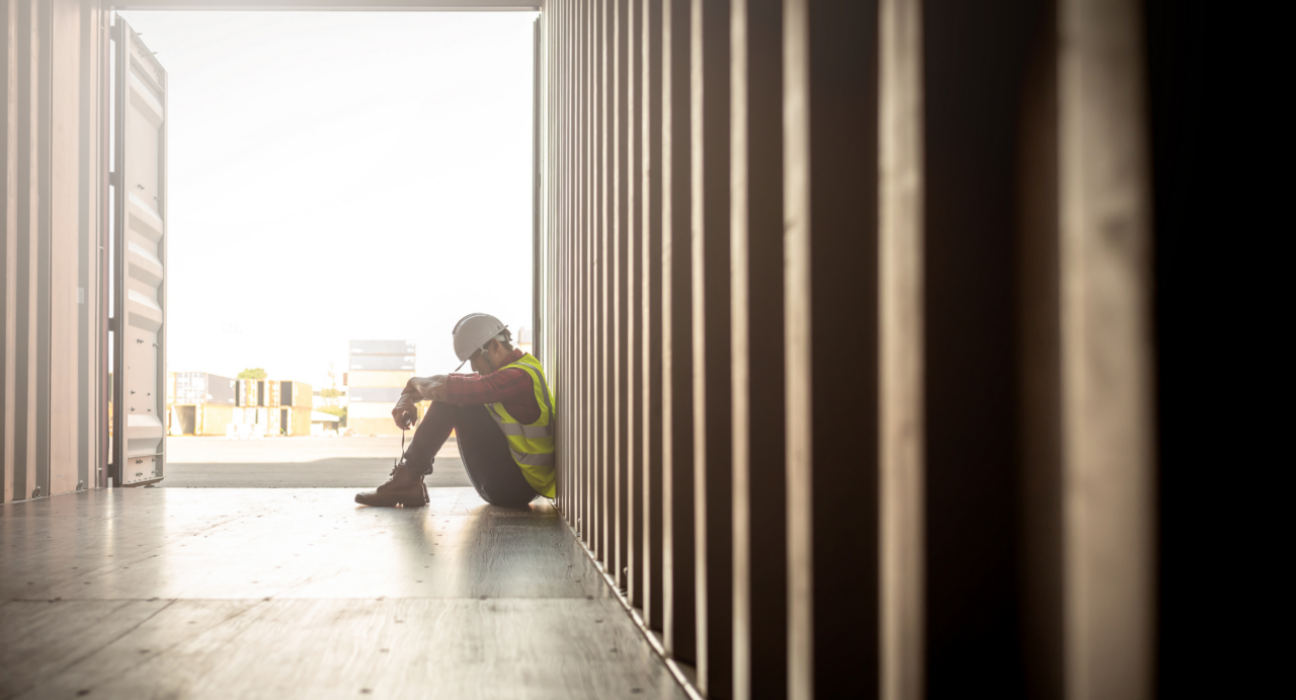 A man is slumped over in a shipping container. He is seemingly at work as wears protective gear.