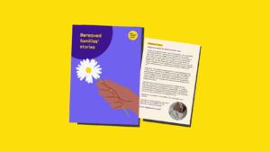 Front cover of 'Bereaved families' stories' publication, and snippet for one of the stories.