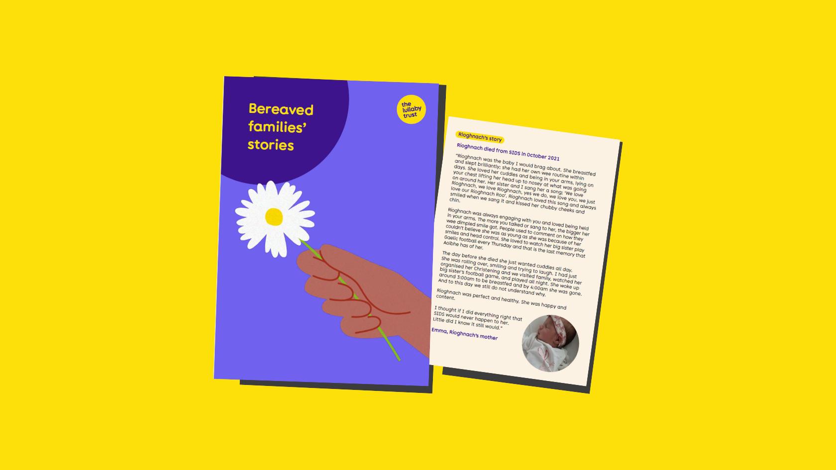 Front cover of 'Bereaved families' stories' publication, and snippet for one of the stories.