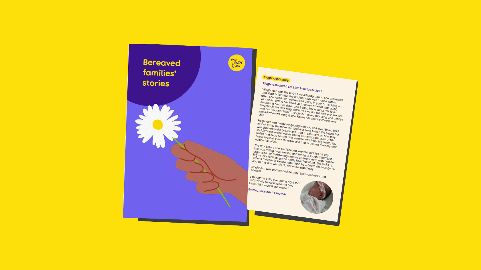 Front cover of 'Bereaved families' stories' publication, and snippet for one of the stories.