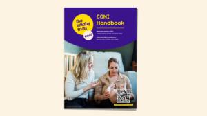 Screenshot of the front page of the CONI handbook. An image of a mum sitting with a baby on her lap and a lady talking to her.