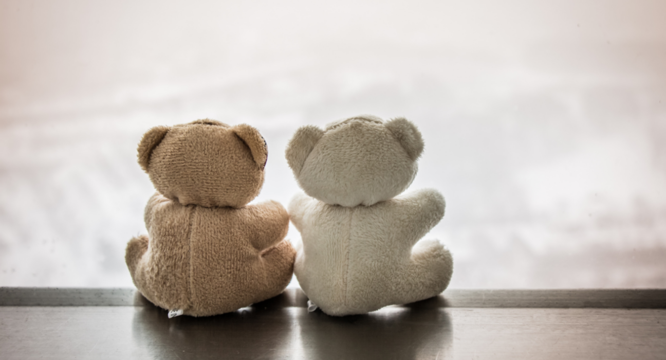Two teddy bears sitting beside each other with their backs to the camera.