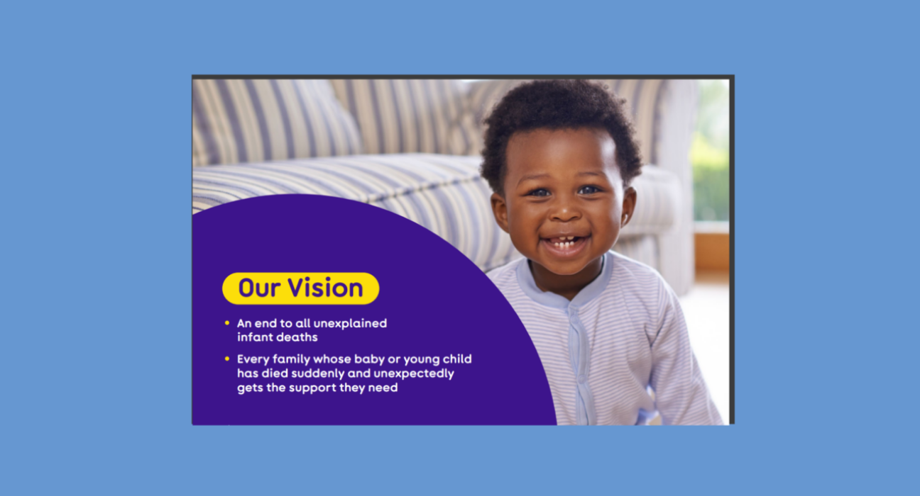 Screen capture of a slide that reads 'our vision', with an image of a baby with dark skin smiling brightly.