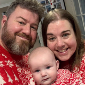 Camila, James and Sophia in matching Christmas pyjamas.