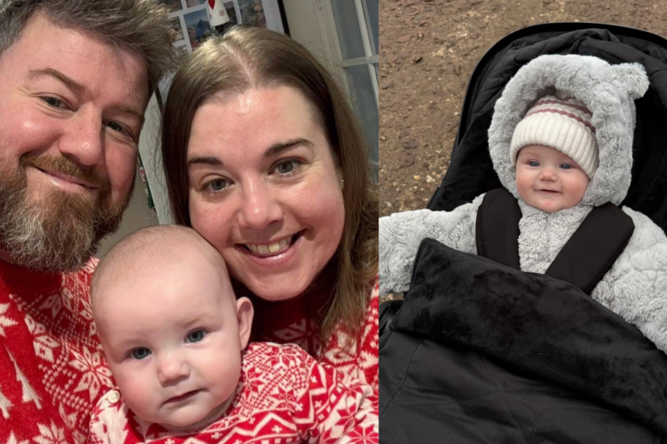 Camila, James and Sophia in matching Christmas pyjamas. Next to it is a different image of Sophia in her buggy in a wooly hat.