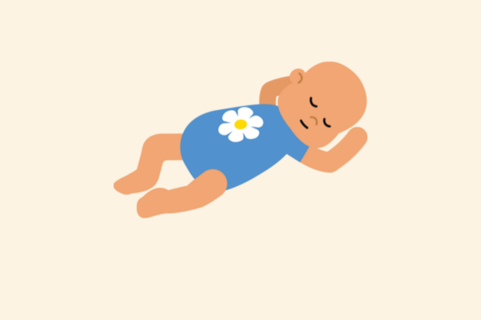 Illustration of a baby sleeping wearing a flower onesie.