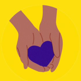 Hands holding a purple heart, on a yellow background.