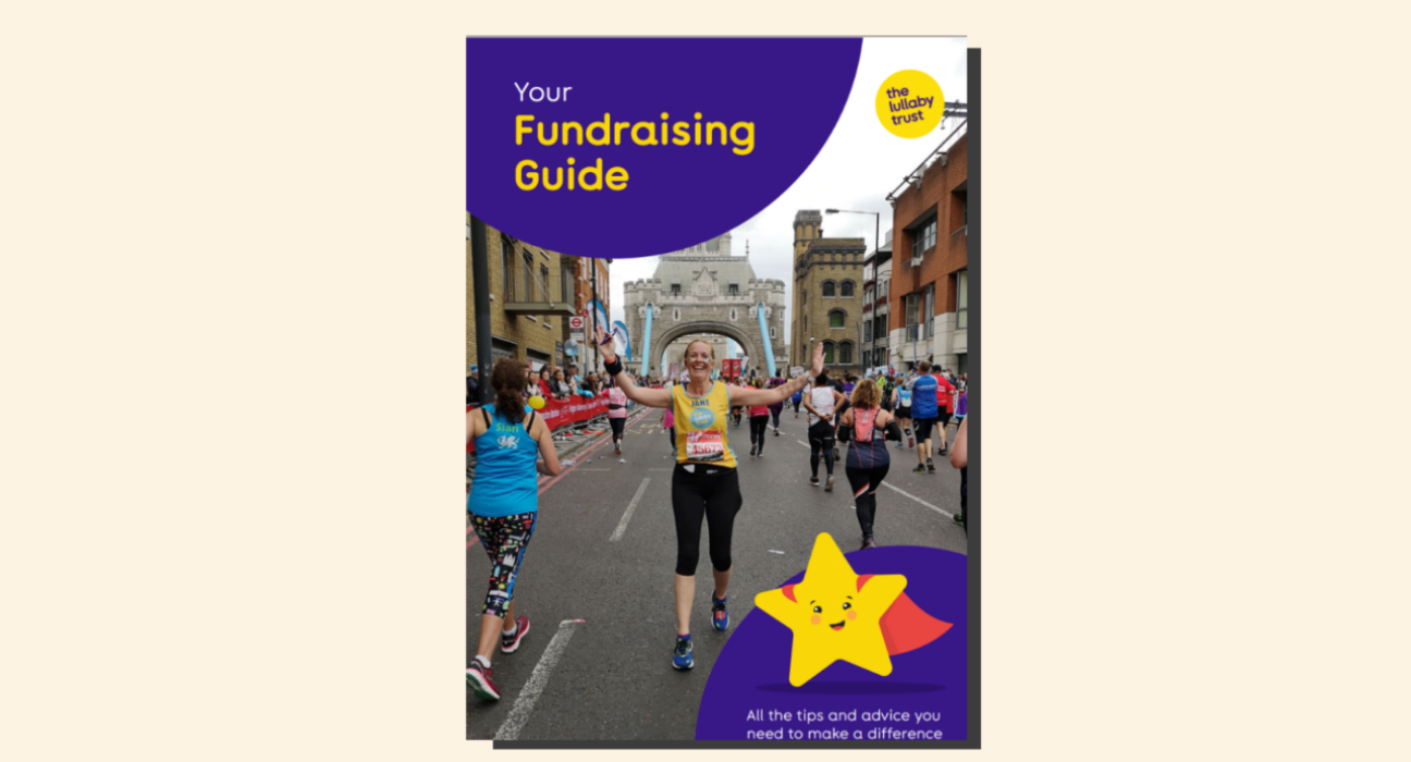 Fundraising guide front cover. Lady in Lullaby vest at running event.