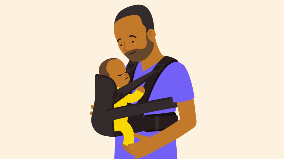 An illustrated baby sleeping in a baby sling on their dad. Their dad is looking down at them.