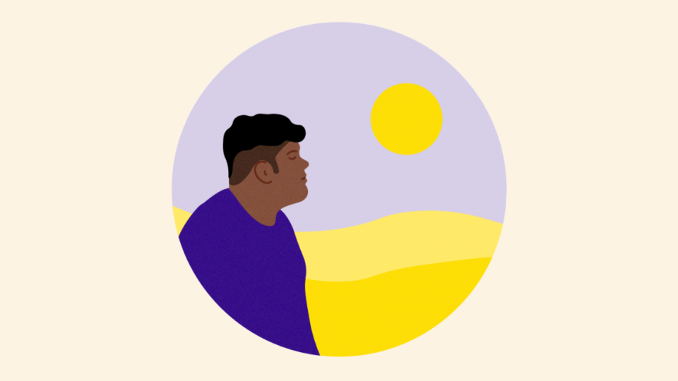 Person wearing a purple top looking towards the sun, feeling hopeful.