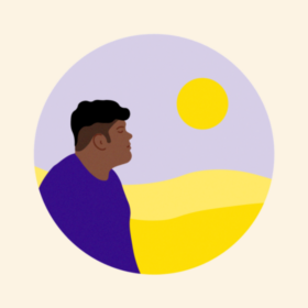 Person in a purple t-shirt looking out hopefully, on a purple background.