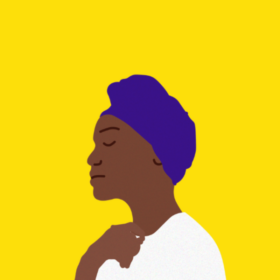 An illustrated woman is captured side-on, touching her t-shirt.