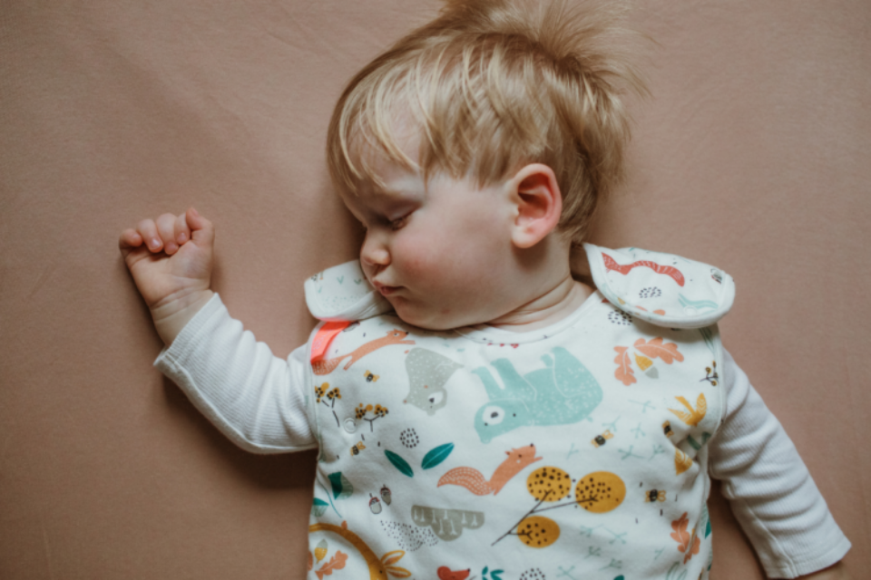 A baby sleeping in a sleeping bag