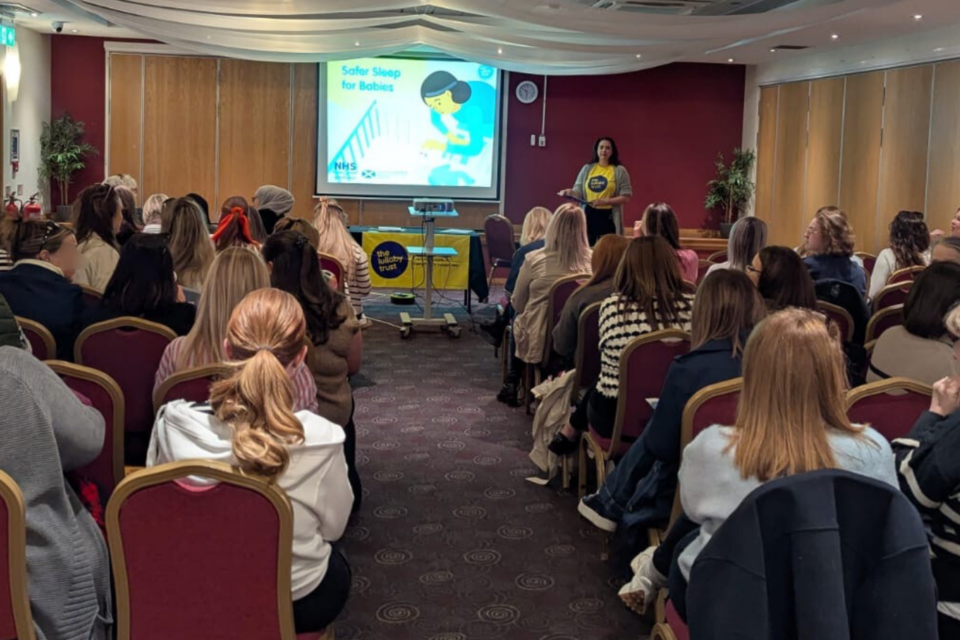 A seminar room full of people on seats, facing a Lullaby Trust staff member standing at the front.