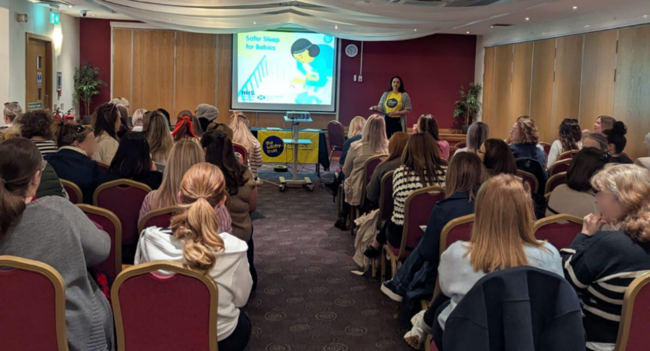 A seminar room full of people on seats, facing a Lullaby Trust staff member standing at the front.