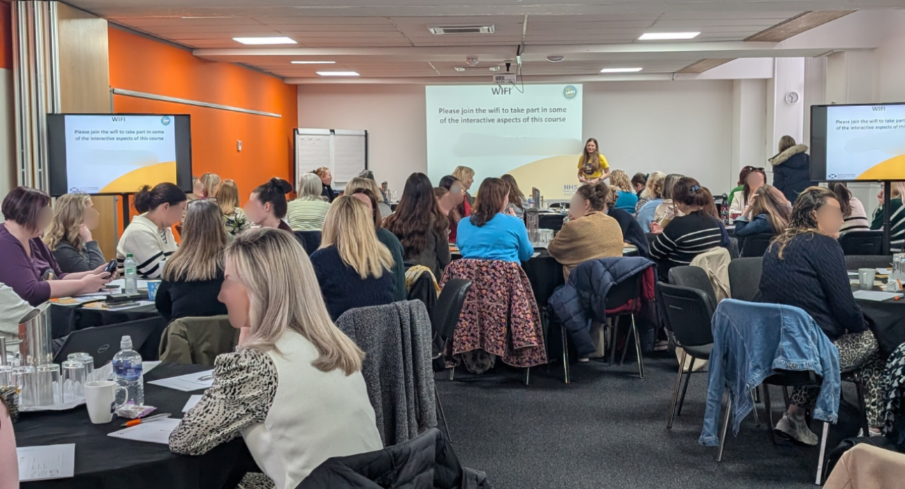 A seminar room full of people on seats, facing a Lullaby Trust staff member standing at the front.